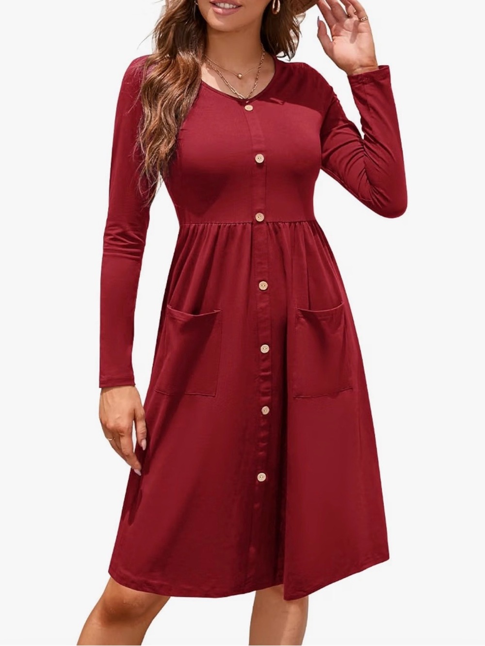 Button-Front Long Sleeve Midi Dress in Burgundy